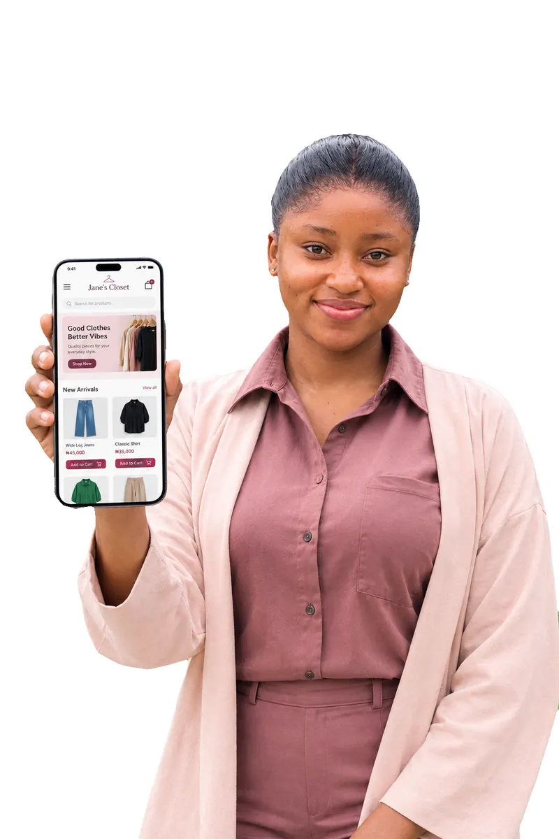 A Nigerian shop owner holding up her phone, showing her online shop with products and prices