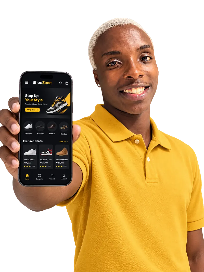 A smiling young man holding out his phone, showing an online shoe shop with products and prices