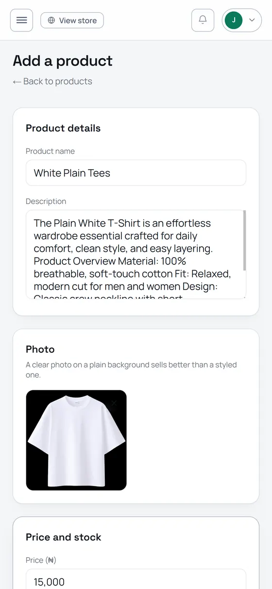 The Add a product screen, with a photo of a white T-shirt