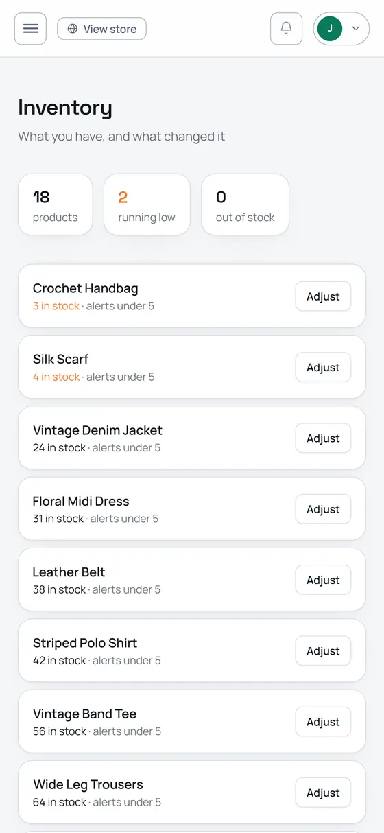 The Inventory screen, with two items marked as running low