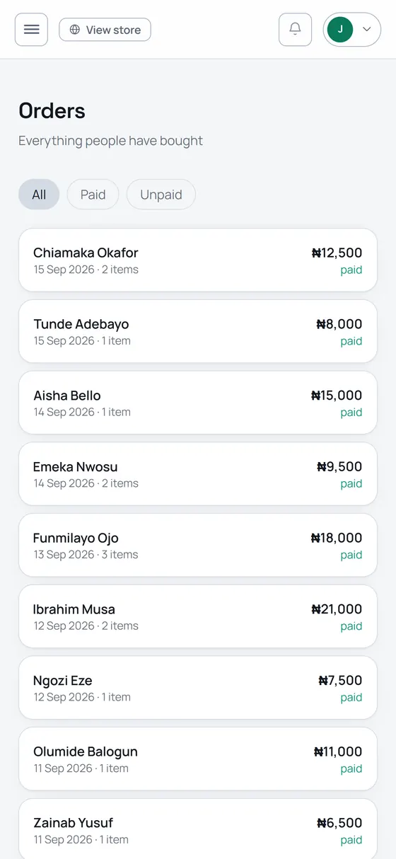 The Orders screen listing recent paid orders
