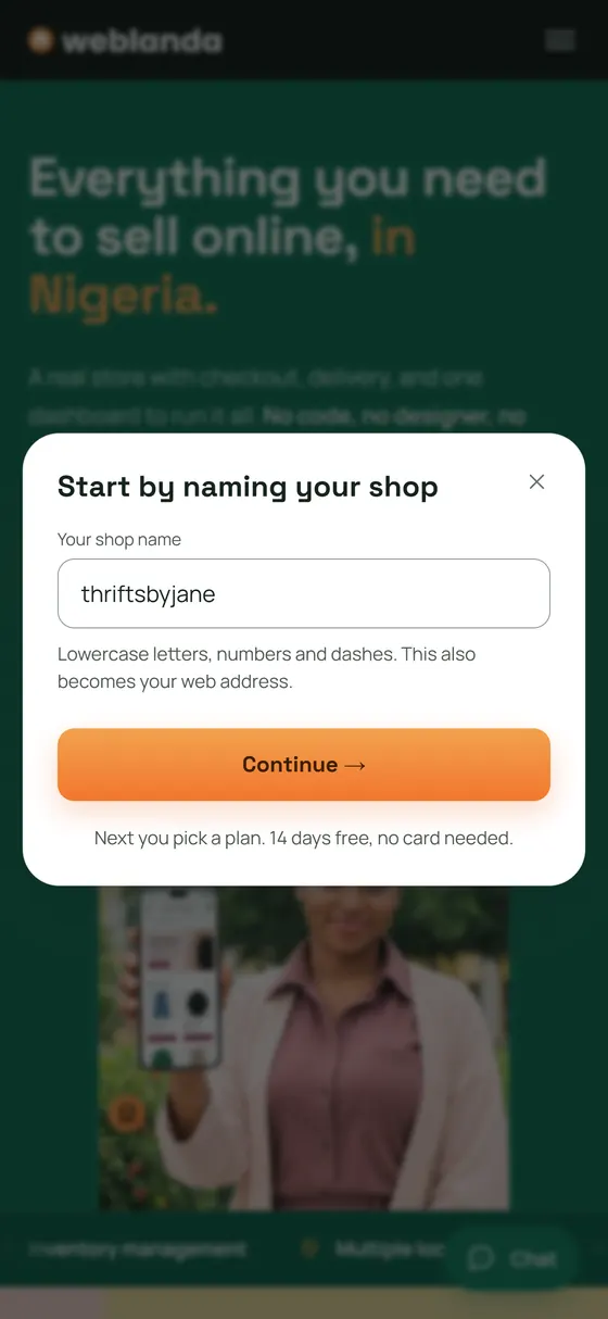 Weblanda's first step on a phone: naming a new shop